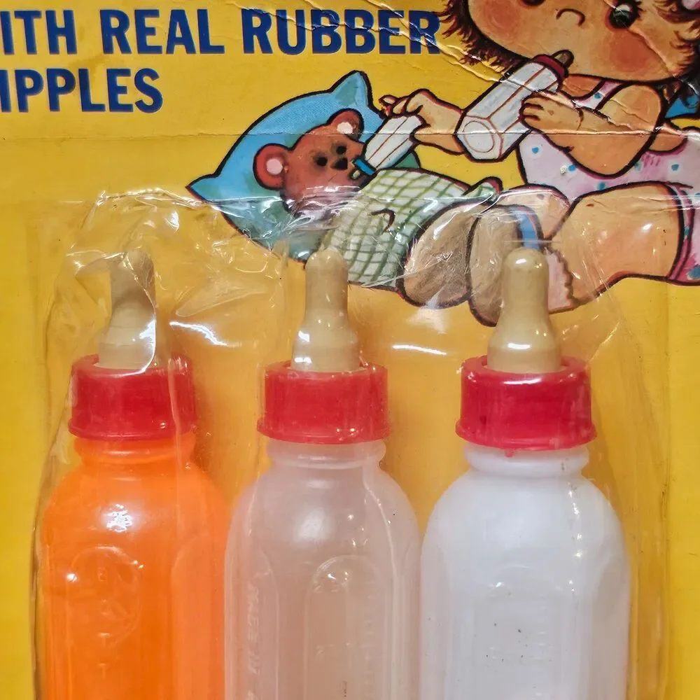 New Vtg Baby Doll Bottles Real Rubber Milk Apple Juice Water